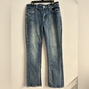 Live Hard Play Hard Women’s Denim Jeans, Bootcut, Size 6, Faded/Distressed Blue